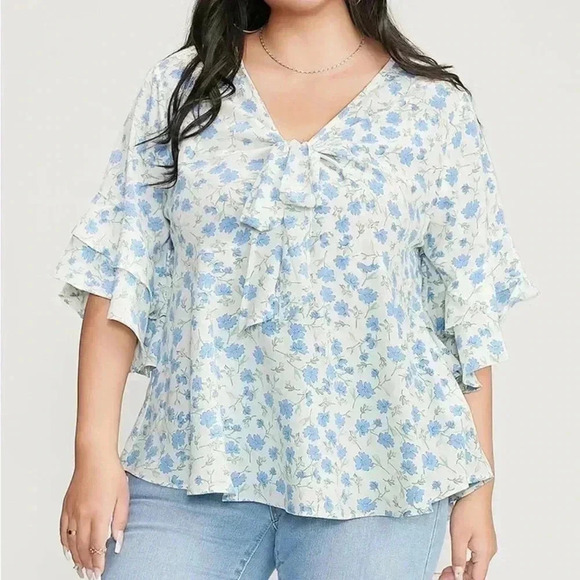 NWT!FLORAL Printed Knotted Front V Neck Ruffle Sleeve Top Size 12 or Large - Picture 2 of 6